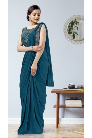 Tealblue lycra readymade patch work saree 1015760b