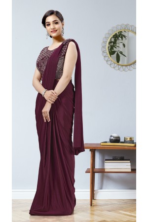 Wine lycra readymade patch work saree 1015760c