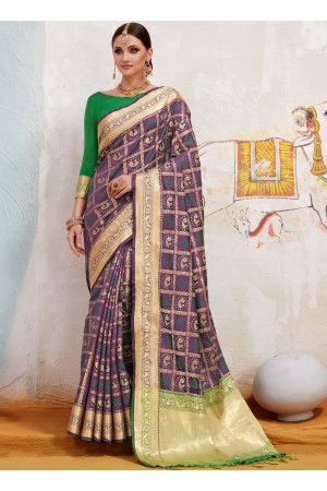 Violet and green Indian Silk wedding wear saree