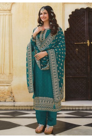 Desai teal silk pant style suit in Prachi colour 16807