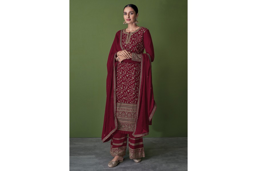 Women Maroon Premium Net Embroidered Traditional Palazzo Suit main image 1