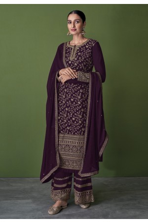 Faux georgette embroidered palazzo suit in Purple colour 151B