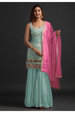 Faux georgette sharara suit in Sky blue colour 1003C