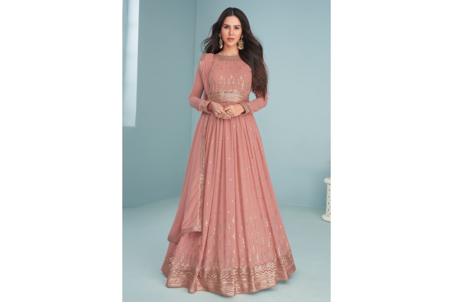 Blue Swarovski Georgette Abaya Style Anarkali Suit