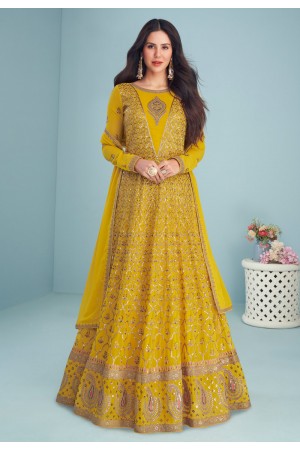 Georgette abaya style Anarkali suit in Yellow colour 9295