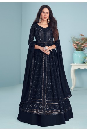 Georgette center slit Anarkali suit in Navy blue colour 9294