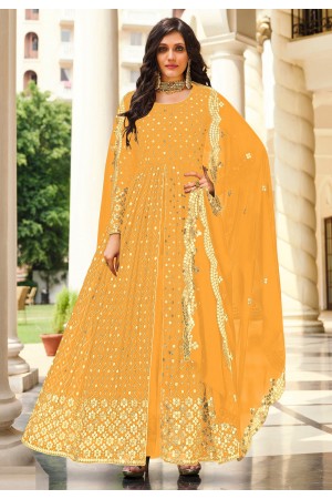 Georgette center slit Anarkali suit in Orange colour 2071E