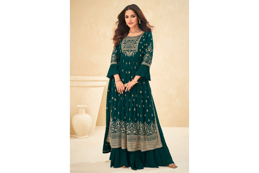 Attractive Teal Georgette Fabric Skirt Style Designer Palazzo Suit