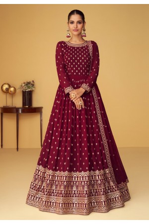 Georgette long Anarkali suit in Maroon colour 9358