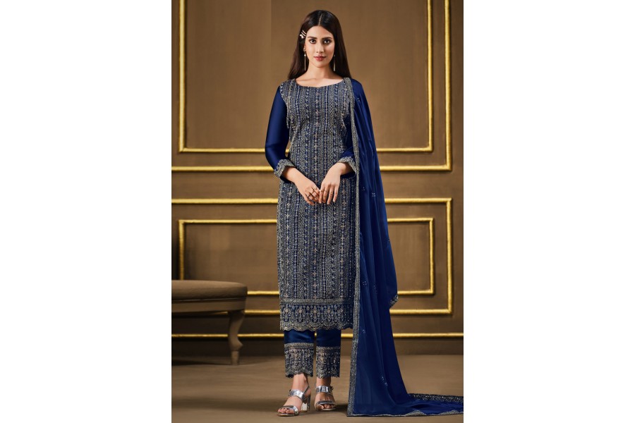 Navy Blue Kurta Georgette Aligadhi Pant main image 1