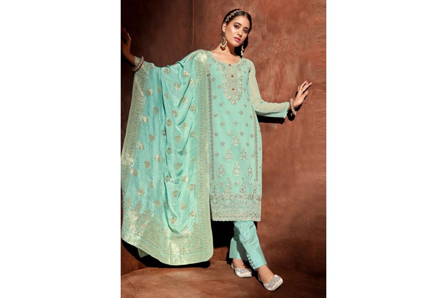 Blue Pant style Suits Georgette