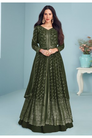 Green georgette center slit Anarkali suit in Camo colour 9292