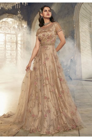 Net abaya style Anarkali suit in Beige colour 5402