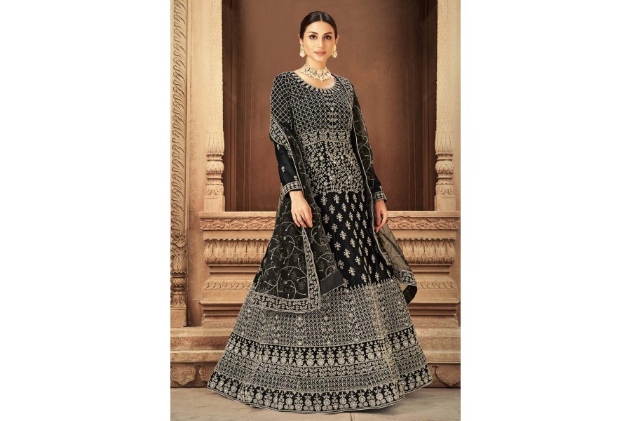 Black Color Net Abaya Style Embroidered Anarkali Suit
