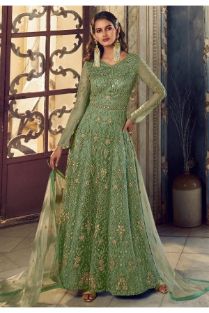 Net abaya style Anarkali suit in Light green colour 5404