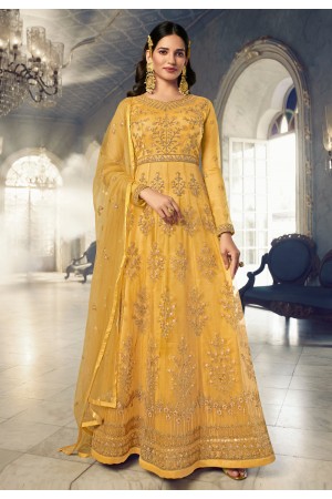 Net abaya style Anarkali suit in Yellow colour 5408