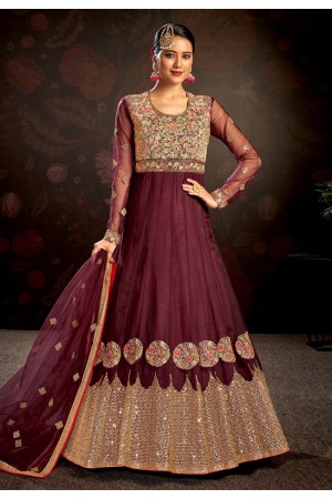 Net embroidered Anarkali suit in Wine colour 7911