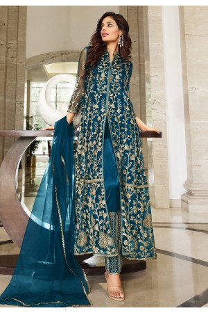 Net embroidered pakistani suit in Teal colour 2065