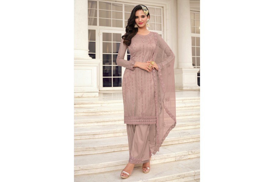 Light Pink Floral Motifs Embroidered Palazzo Pants Suits