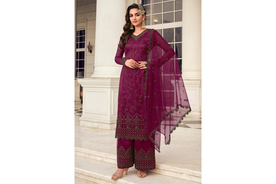 Festive Purple Embroidered Flared Palazzo Suit main image 1