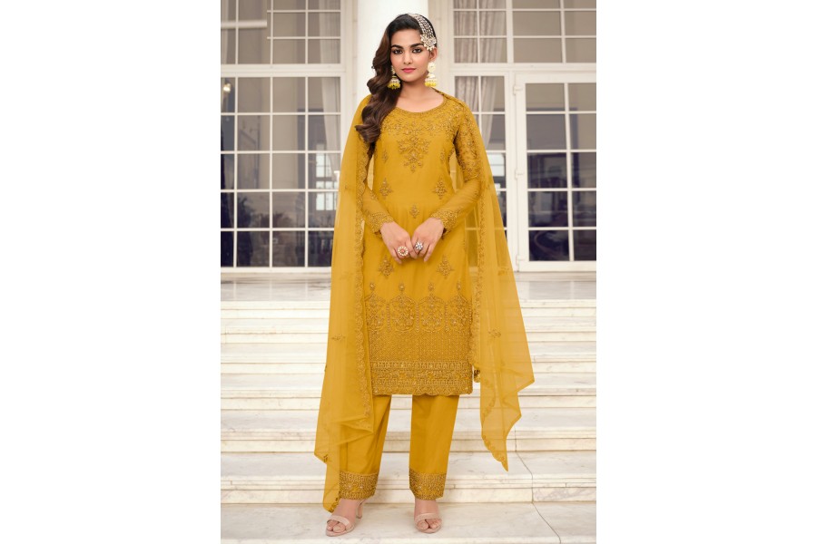 Mustard Traditional Designer Readymade Pant Suit With Embroidery Work main image 1