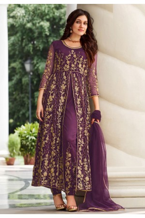 Net embroidered pant style suit in Purple colour 2066