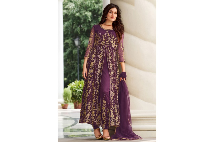Dazzling Green Embroidered Net Pant Style Suit