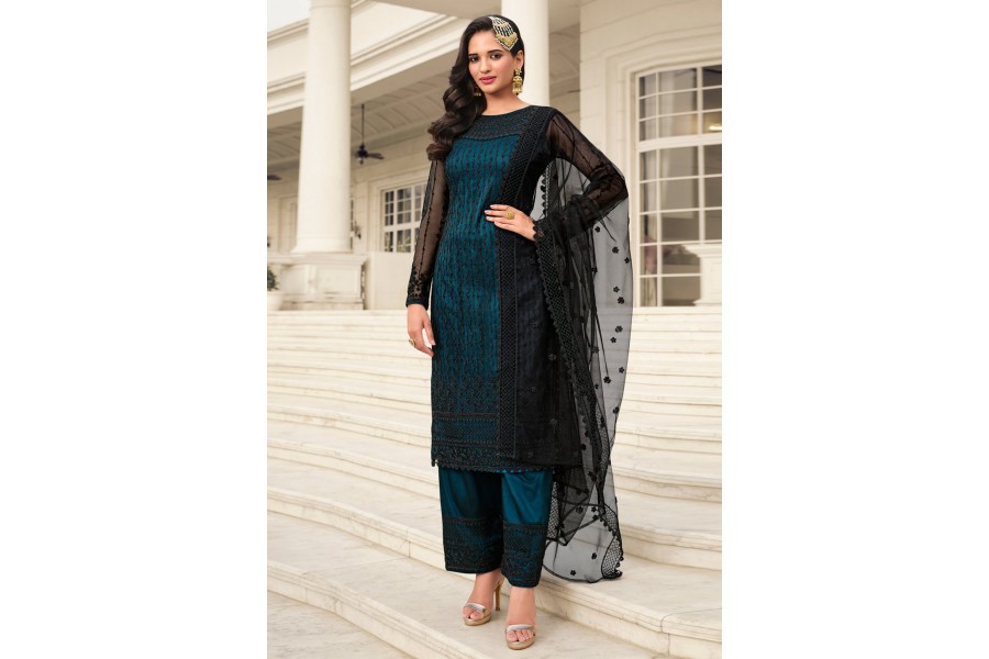 Teal Traditional Designer Semi-Stitched Pant Suit With Embroidery Diamond Work