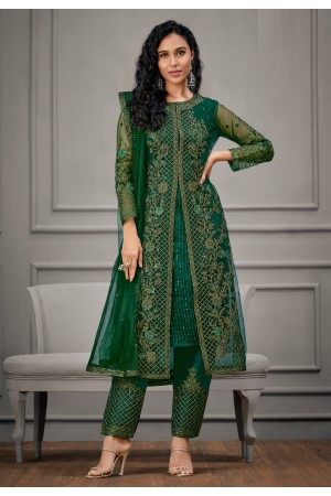 Net kameez with pant in Green colour 4923