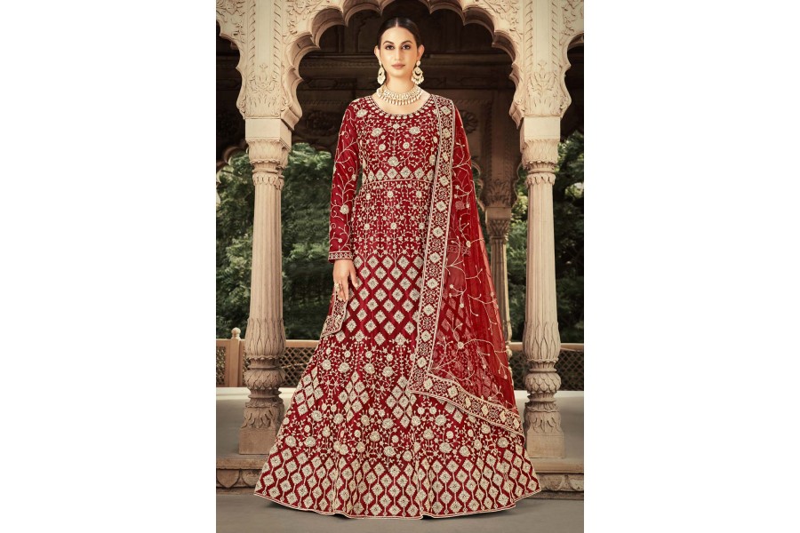 Maroon Anarkali style Suits Butterfly Net main image 1