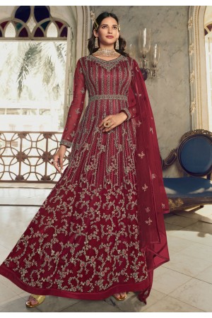 Net long Anarkali suit in Maroon colour 5403