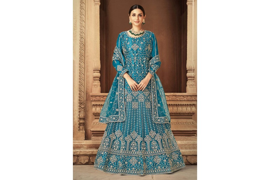 Wedding Party Turquoise Blue Net Designer Anarkali Suit