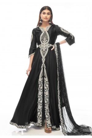 Satin abaya style Anarkali suit in Black colour 1010