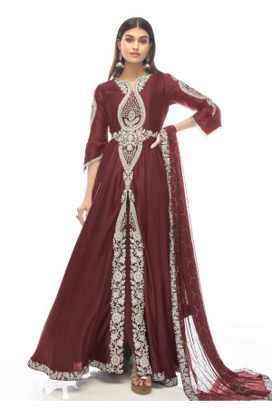 Satin abaya style Anarkali suit in Maroon colour 1008