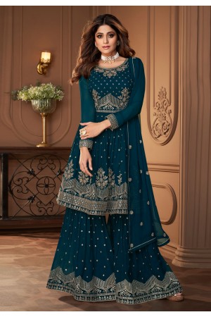 Shamita shetty Georgette sharara suit in teal colour 8696A