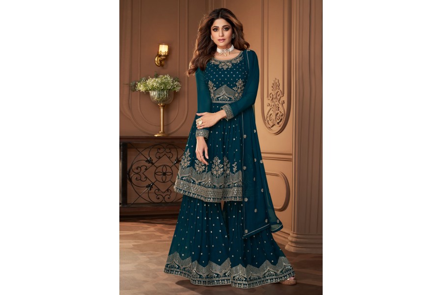 Lovely Beige Shamita Shetty Bell Sleeved Lehenga Style Sharara Suit