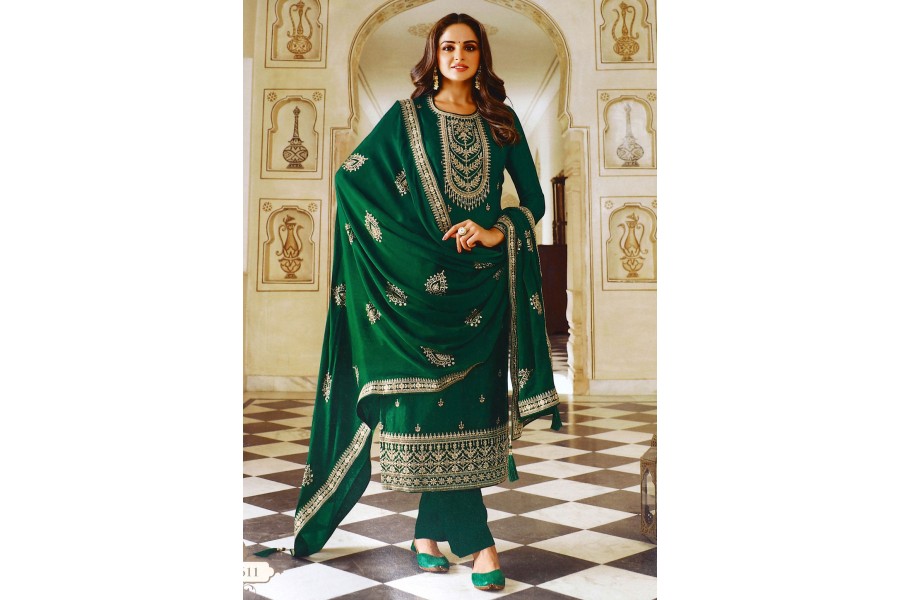 Green Trendy Designer Readymade Silk Blend Pant Suit With Embroidery Printed Work