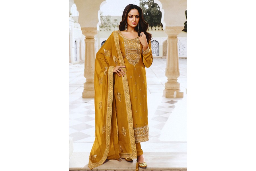 Mustard Designer Readymade Pant Suit With Hand Work