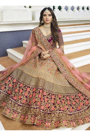 Cream purple heavy embroidered Indian wedding lehenga choli 13178