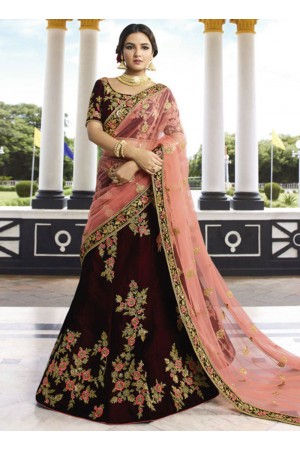 Wine heavy embroidered Indian wedding lehenga choli 13180