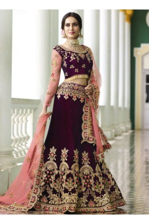 Wine silk embroidered Indian wedding lehenga choli 13172