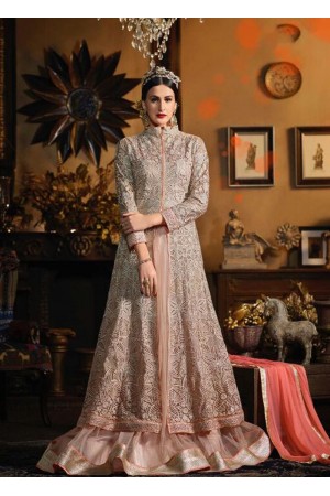 Beige color netted wedding wear anarkali