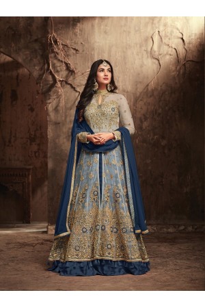 Sonal Chauhan Beige and Blue Net party wear anarkali kameez