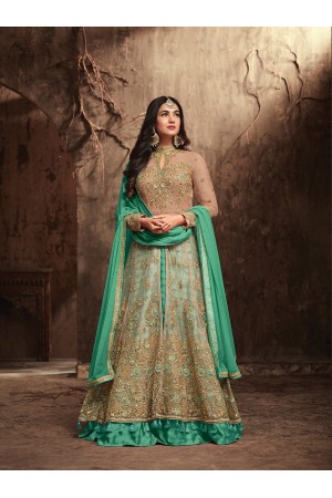 Sonal Chauhan Beige and Sea green Net party wear anarkali kameez