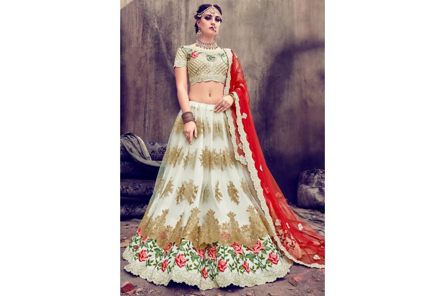 bridal lehenga in red and white combination