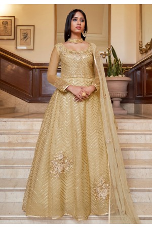 Beige net abaya style anarkali suit 3009