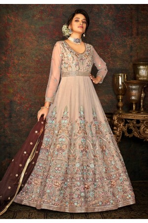 Beige net abaya style anarkali suit 7796