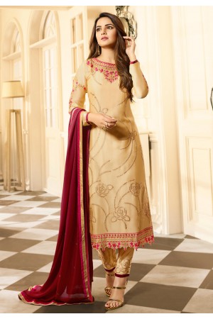 Beige satin georgette pant style suit 11033