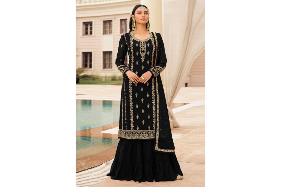 Green Embroidered Faux Georgette Gota Work Sharara Suit