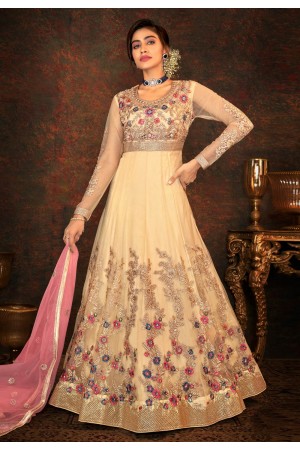 Cream net long anarkali suit 7795